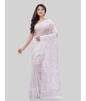 DESH BIDESH Women`s Phulkari Resham Dhakai jamdani Bengal Pure Cotton Handloom Saree Whole Body Design without Blouse Piece (Off White)